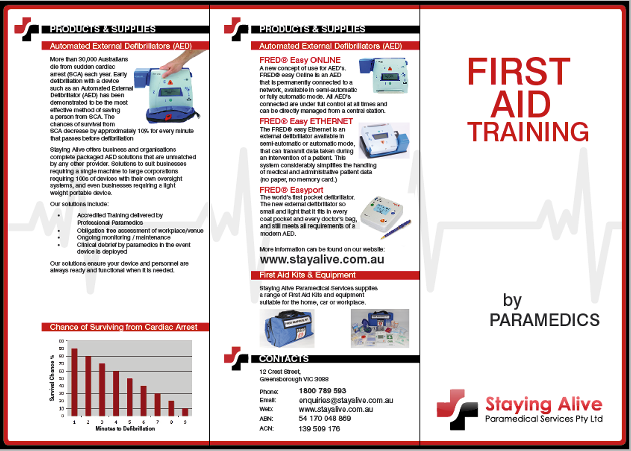 Brochure Design by XCV Design for Staying Alive Paramedical Services Pty Ltd | Design #197886