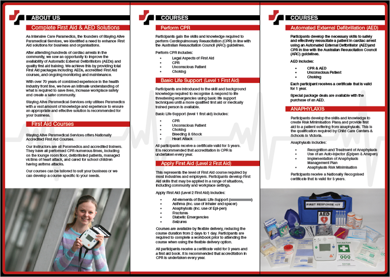 Brochure Design by XCV Design for Staying Alive Paramedical Services Pty Ltd | Design #197890