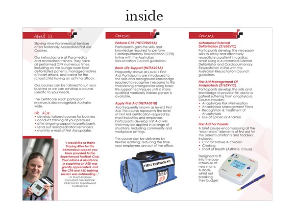 Brochure Design by Design by Belinda Gillies for Staying Alive Paramedical Services Pty Ltd | Design #197781