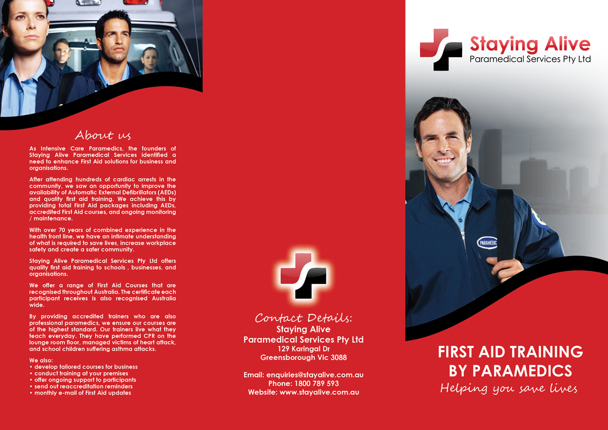Diseño de Brochure por Kelalo para Staying Alive Paramedical Services Pty Ltd | Diseño #198688