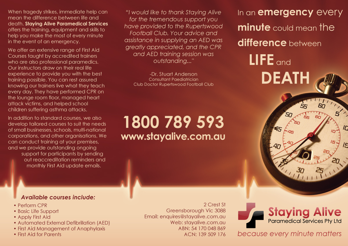 Brochure Design by Bright Ideas Design for Staying Alive Paramedical Services Pty Ltd | Design #196746
