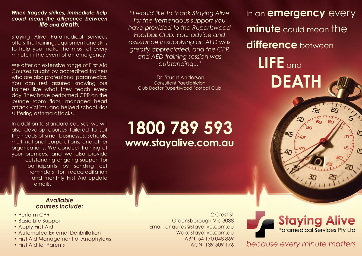 Brochure Design by Bright Ideas Design for Staying Alive Paramedical Services Pty Ltd | Design #199109