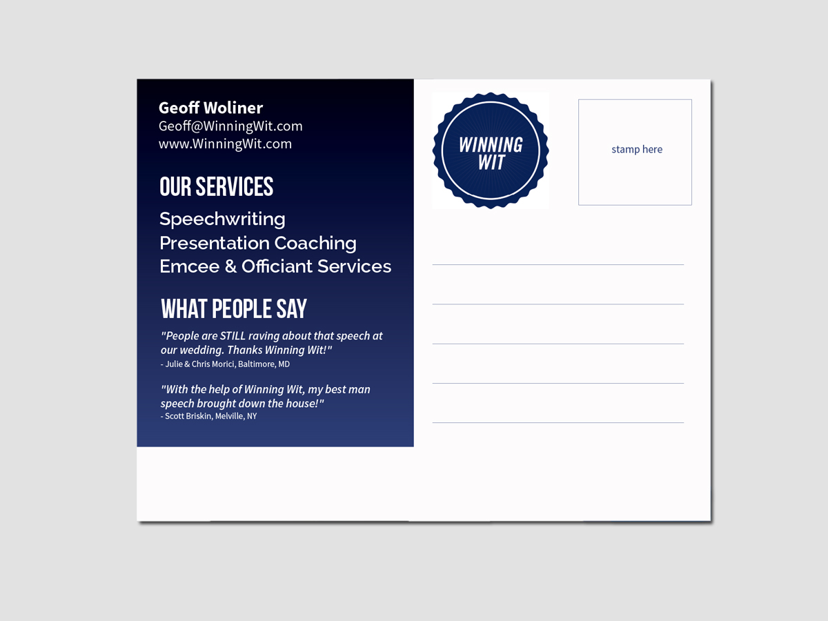 Postcard Design by LR Design for Winning Wit, LLC | Design #4440840