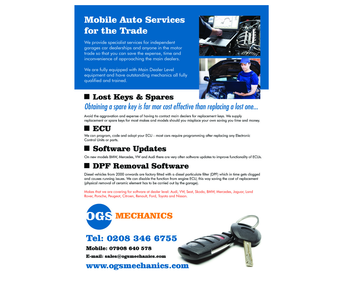 Diseño de Flyer por Purple plasma para ogs mechanics ltd | Diseño #4716523