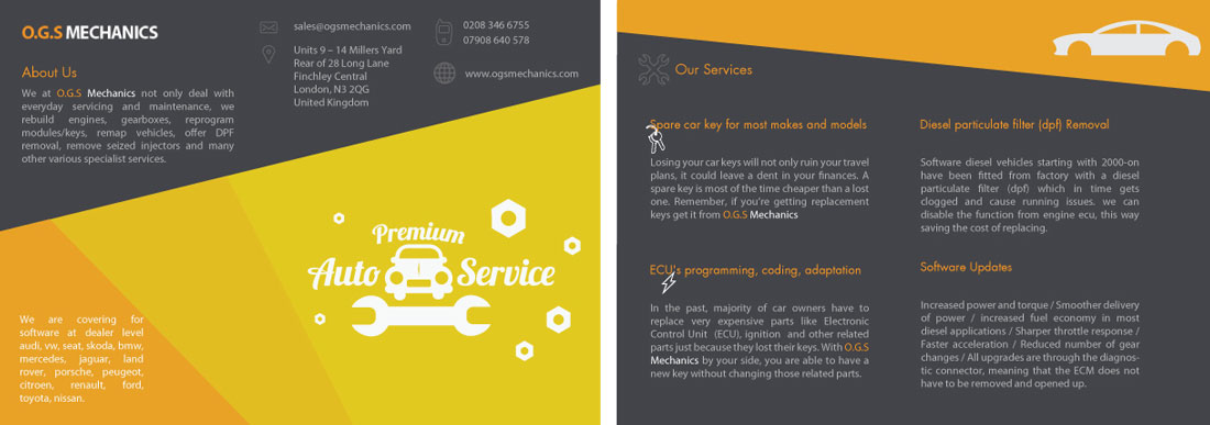 Diseño de Flyer por I²D² - Indigenous India Design &amp; Development para ogs mechanics ltd | Diseño #4634783