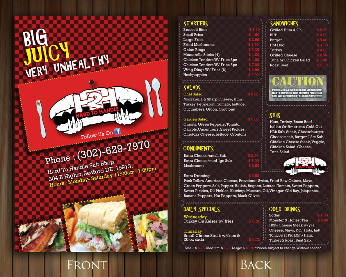 Menü-Design von Sbss für Hard To Handle Sub Shop LLC | Design #1333117