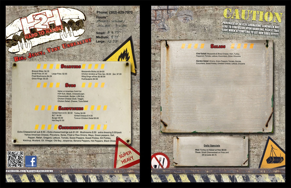 Menu Design by Eric Lott for Hard To Handle Sub Shop LLC | Design #1334217