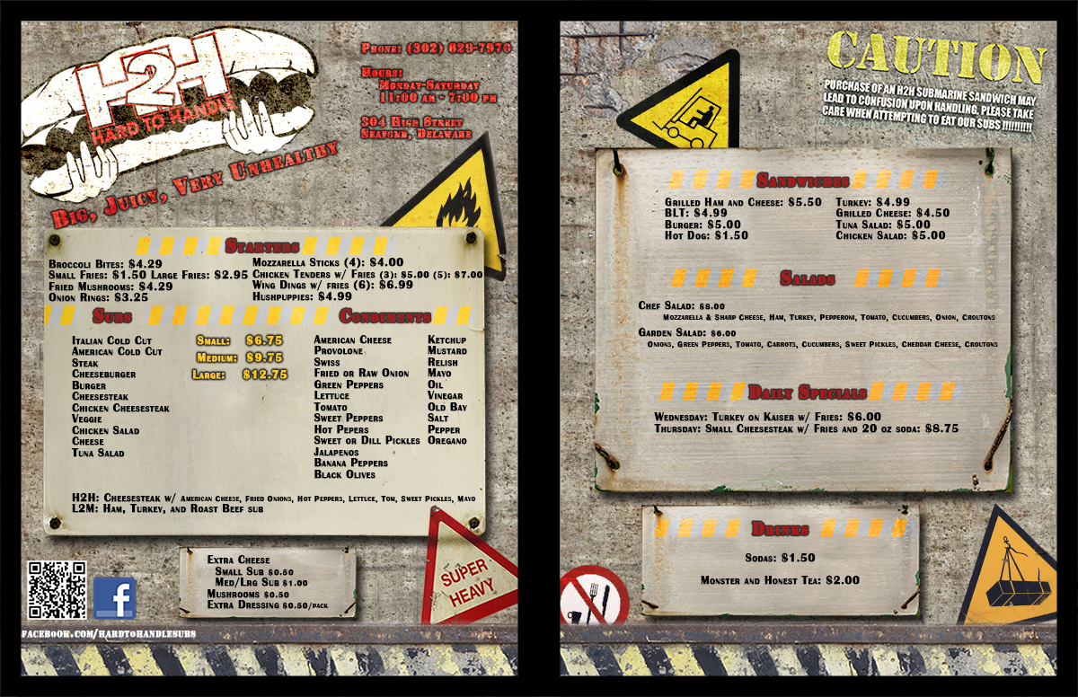 Menu Design by Eric Lott for Hard To Handle Sub Shop LLC | Design #1336246