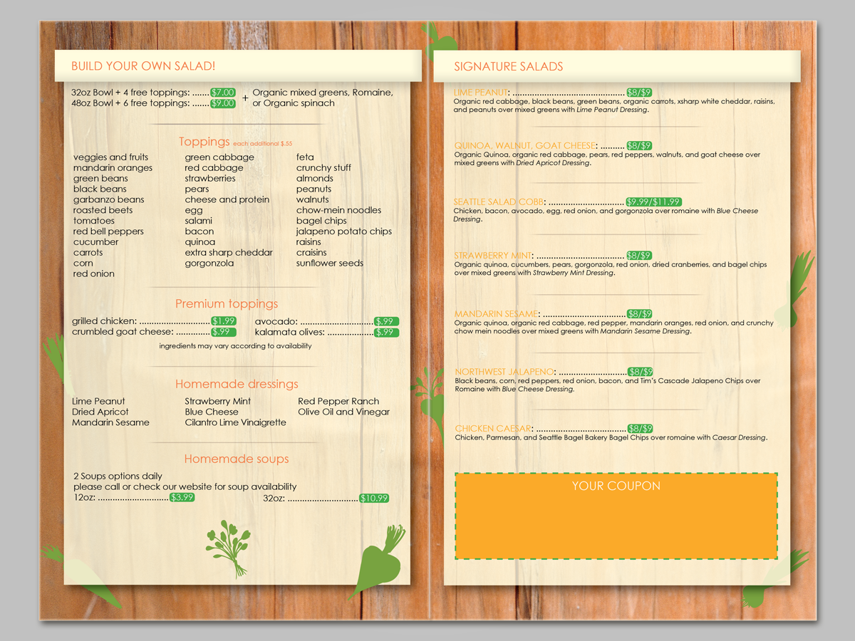 Menu Design by HYPdesign for Seattle Salads | Design #1336932