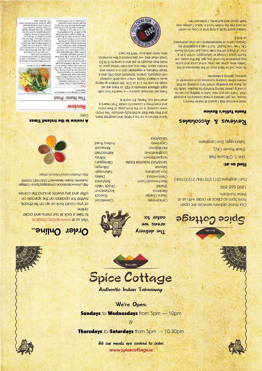 Menu Design by 3to1designservices for SPICE COTTAGE | Design #4821409