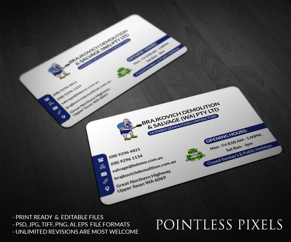 Business Card Design by Pointless Pixels India for Brajkovich Demolition & Salvage (WA) Pty Ltd | Design #4838969