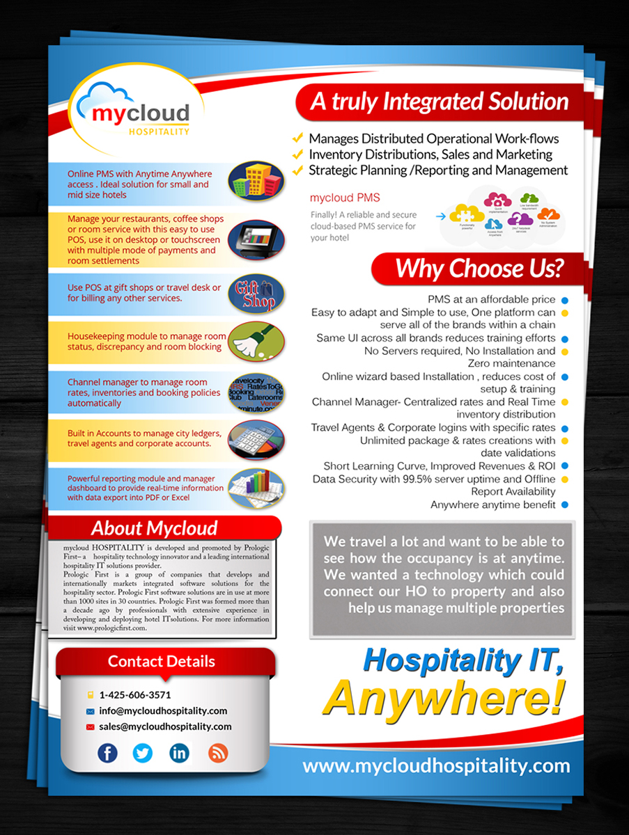 Diseño de Brochure por ESolz Technologies para mycloud/www.mycloudhospitality.com | Diseño #4941617