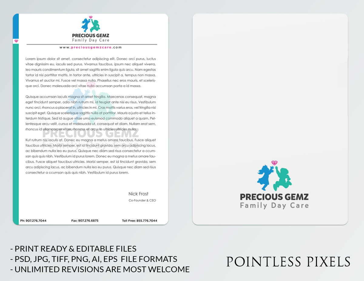 Letterhead Design by Pointless Pixels India for Precious Gemz Family Day Care  | Design #4945266