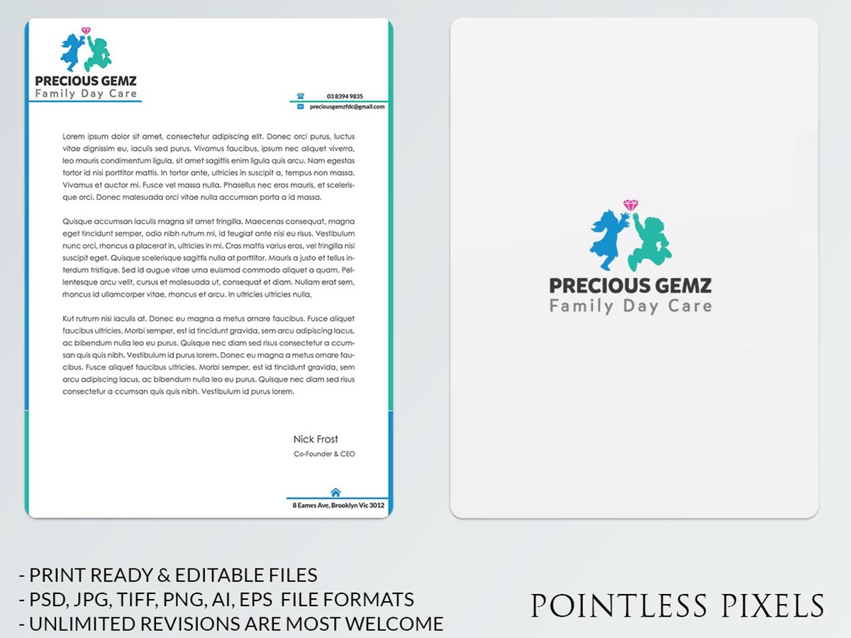 Letterhead Design by Pointless Pixels India for Precious Gemz Family Day Care  | Design #4946580