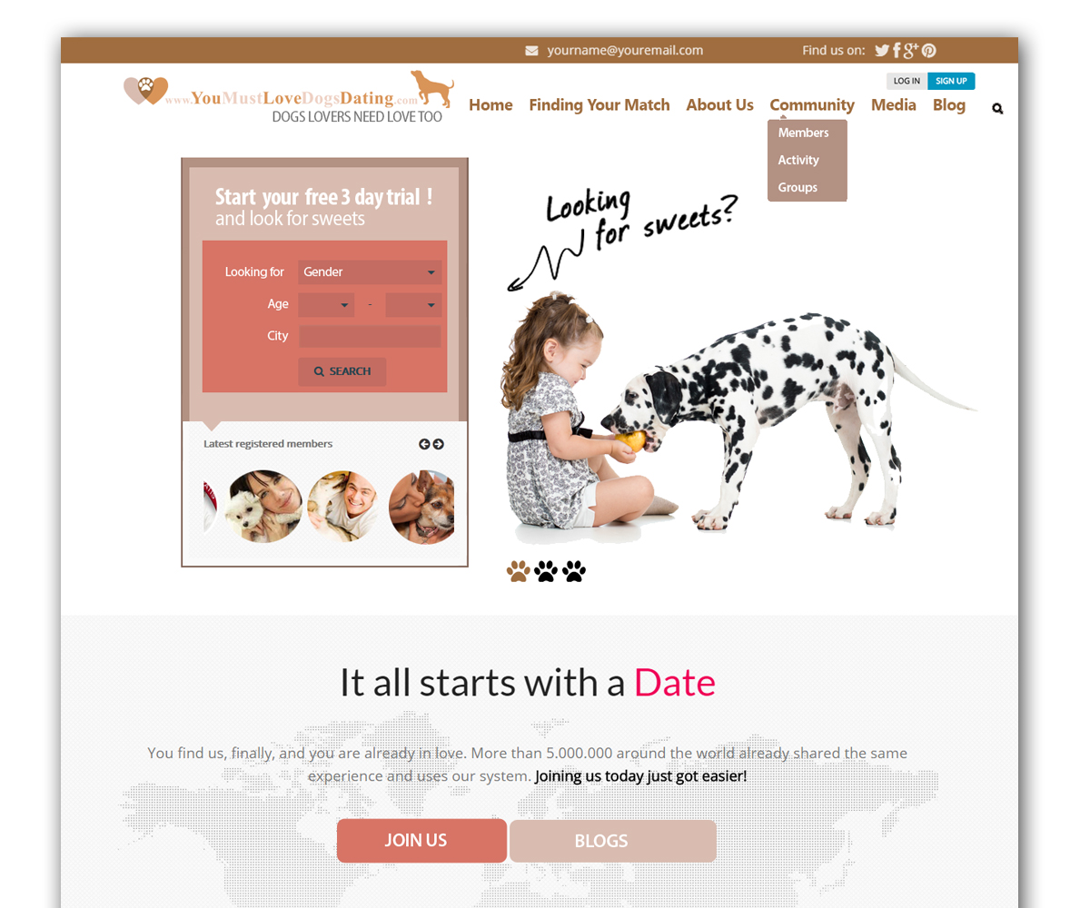 Wordpress Design by Kadran for You Must Love Dogs Dating LLC | Design #4976990