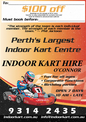 Indoor Kart Hire O'Connor group booking promotion