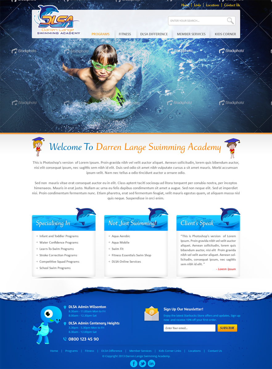 Web Design par Mayank Patel pour DARREN LANGE SWIMMING ACADEMY | Design #1430641