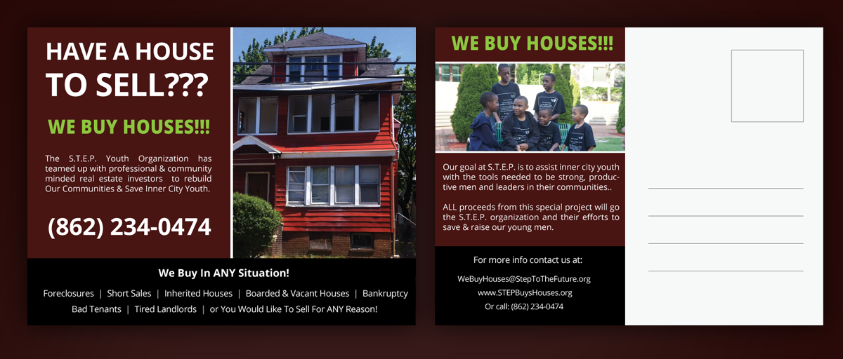 postcard design for ibrahim hughes by uniquedesign10 design 5084525 we buy houses flyer