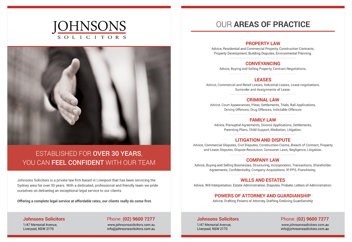 Diseño de Flyer por Oilegak para Johnsons Solicitors | Diseño: #5312396
