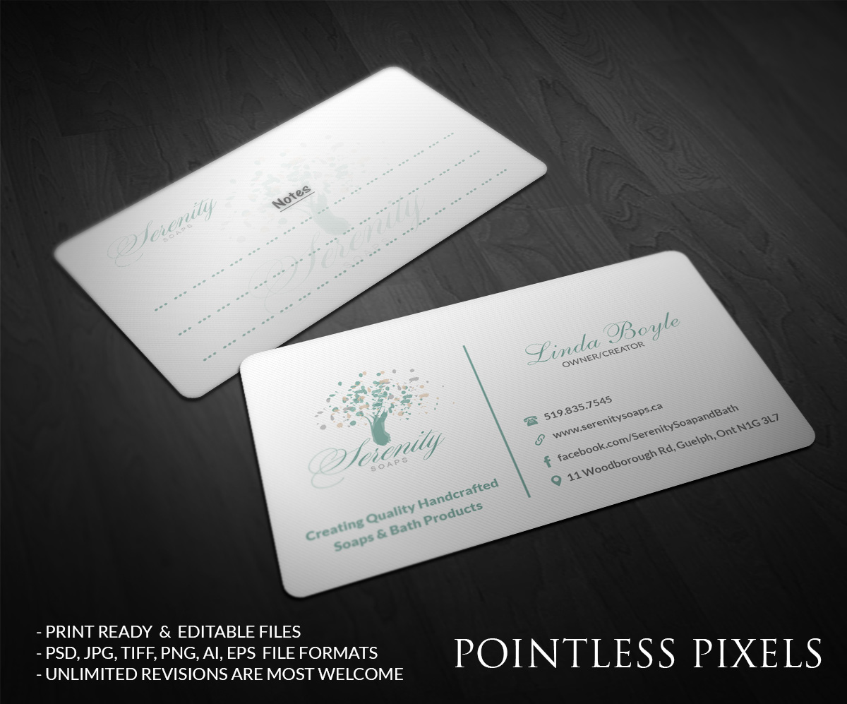 Business Card Design by Pointless Pixels India for Serenity Soaps | Design #5284756