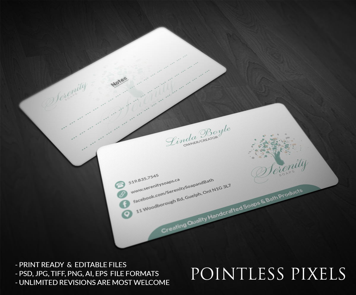 Business Card Design by Pointless Pixels India for Serenity Soaps | Design #5294557