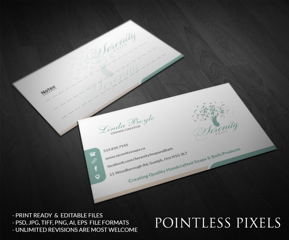 Business Card Design by Pointless Pixels India for Serenity Soaps | Design #5294580