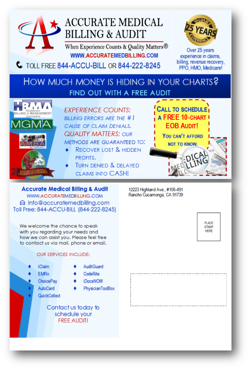 Postcard Design by StandOUT Design for Accurate Medical Biling and Audit | Design: #5435232