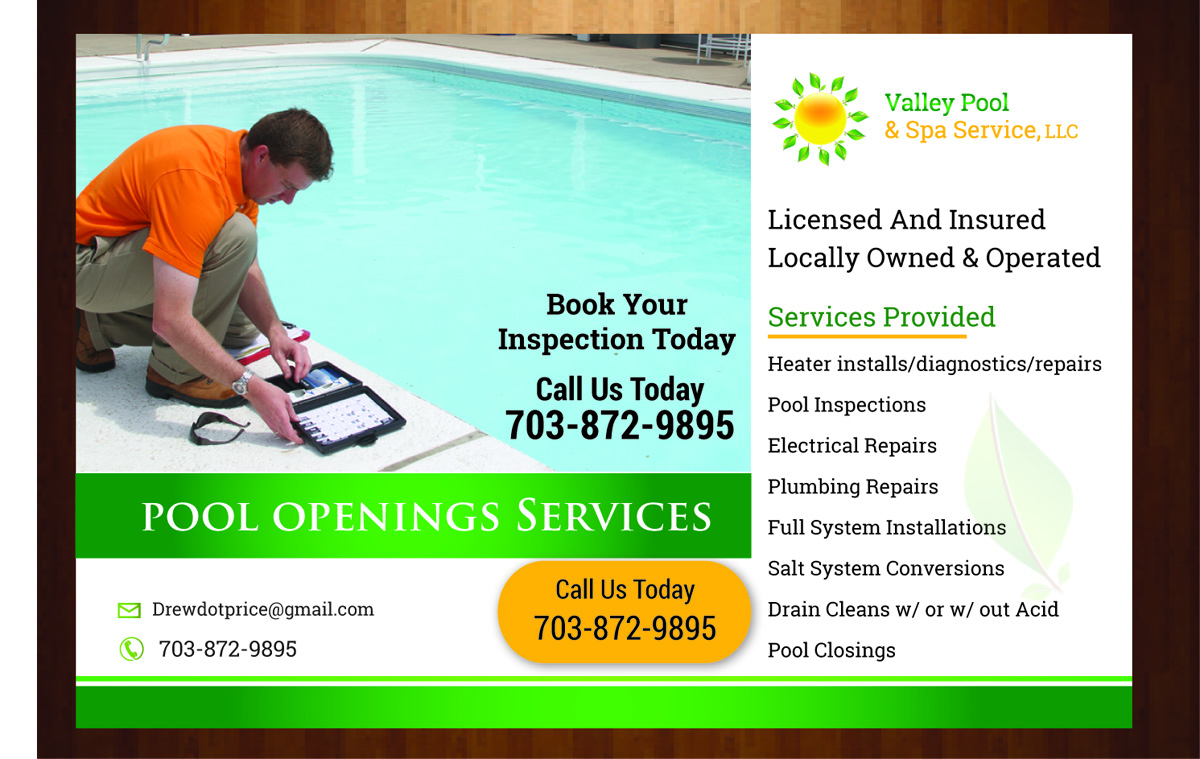Postcard Design by harmi_199 for Valley Pool And Spa Service, LLC | Design #5490483