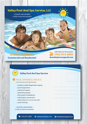 Postcard Design by alex989 for Valley Pool And Spa Service, LLC | Design: #5488520