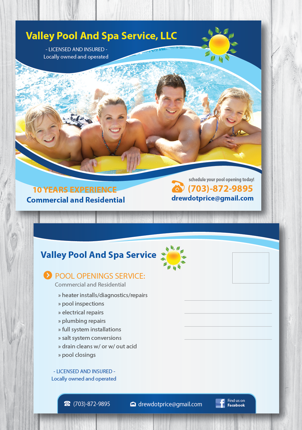 Postcard Design by alex989 for Valley Pool And Spa Service, LLC | Design #5489235