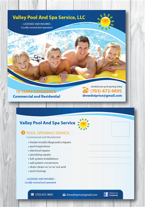 Postcard Design by alex989 for Valley Pool And Spa Service, LLC | Design: #5489235