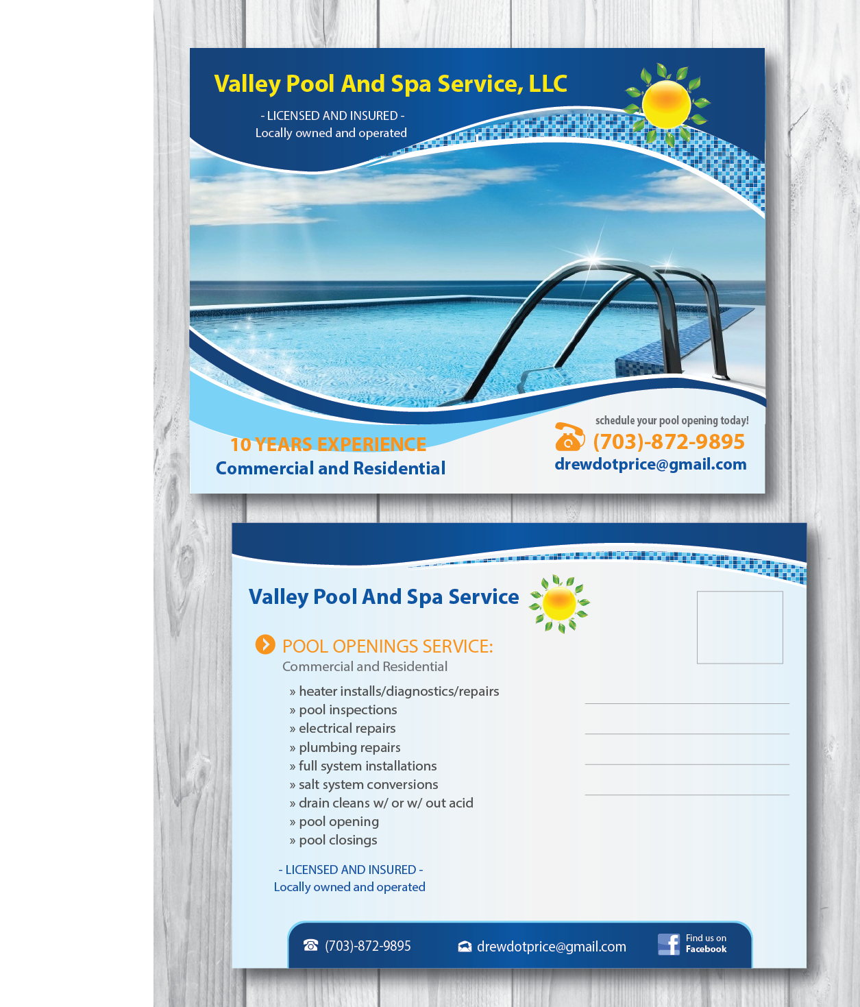 Postcard Design by alex989 for Valley Pool And Spa Service, LLC | Design #5512626
