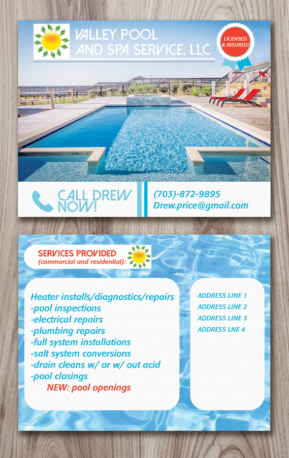 Postcard Design by isabel paoli for Valley Pool And Spa Service, LLC | Design #5488443